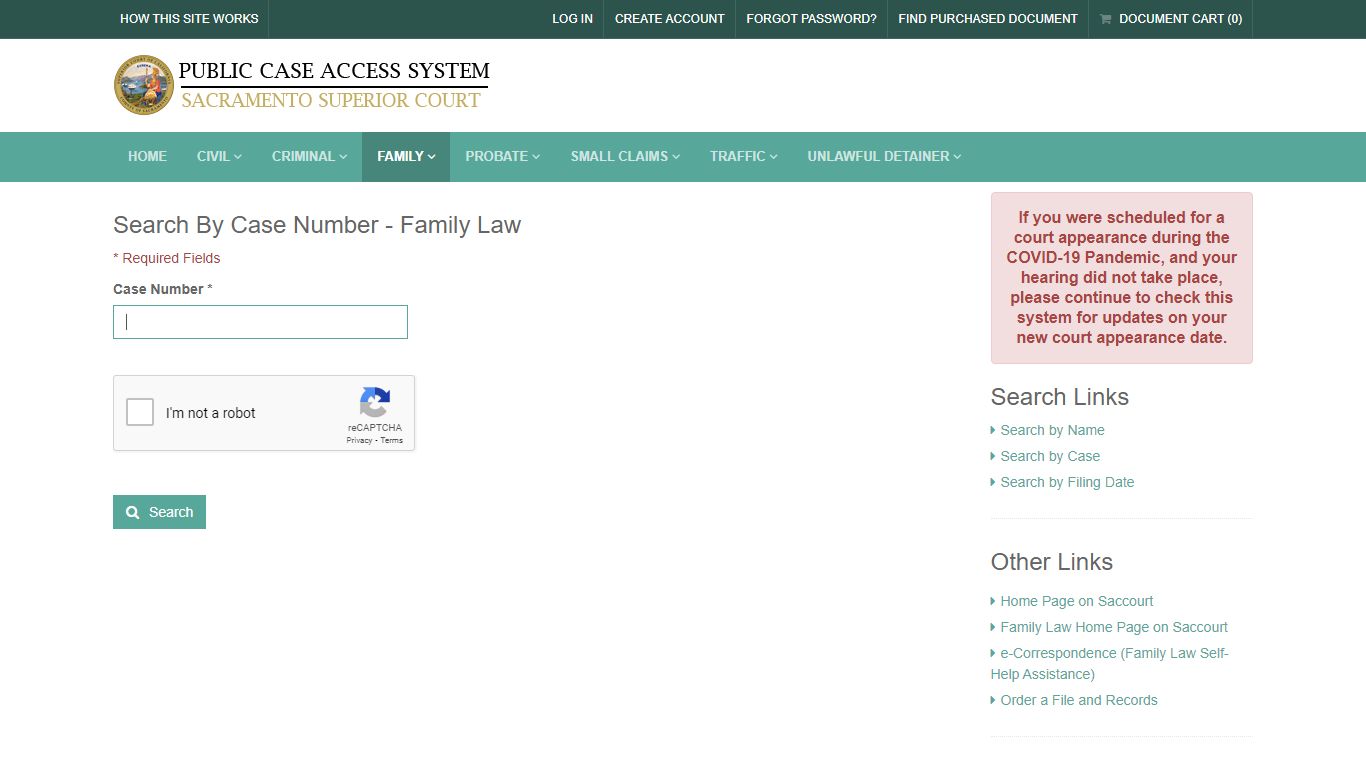 Search By Case Number - Court Services: Authorized Access Only